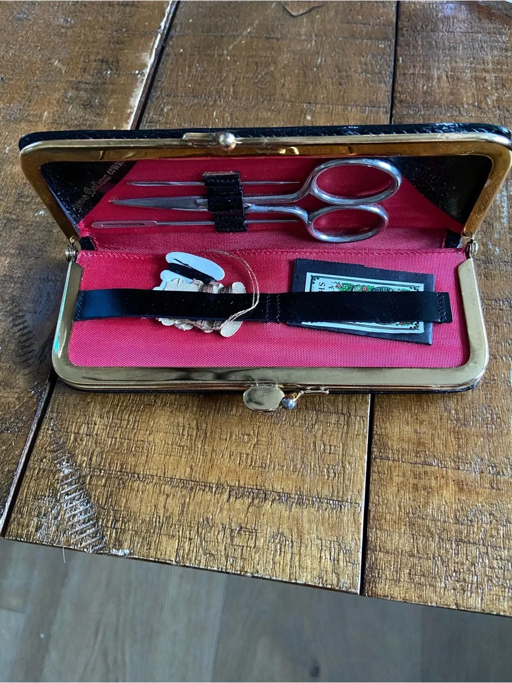 Vintage Gold-Trimmed Red Interior Sewing/Manicure Set Travel